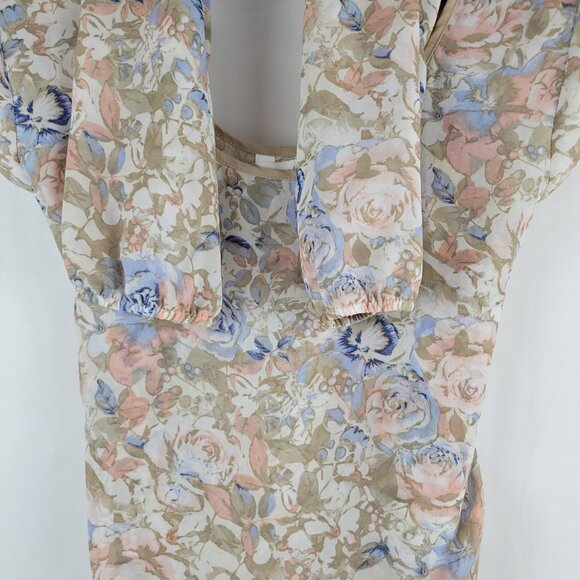 Floral Chiffon Blouse Pastel Rose Print Charming Charlie Long Sleeve Size L - Picture 12 of 14